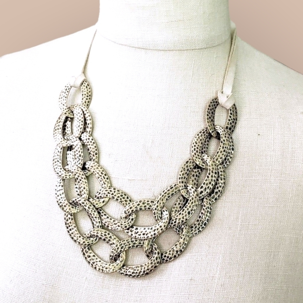 Statement necklace Hammered look antiqued gold chain and Beige suede